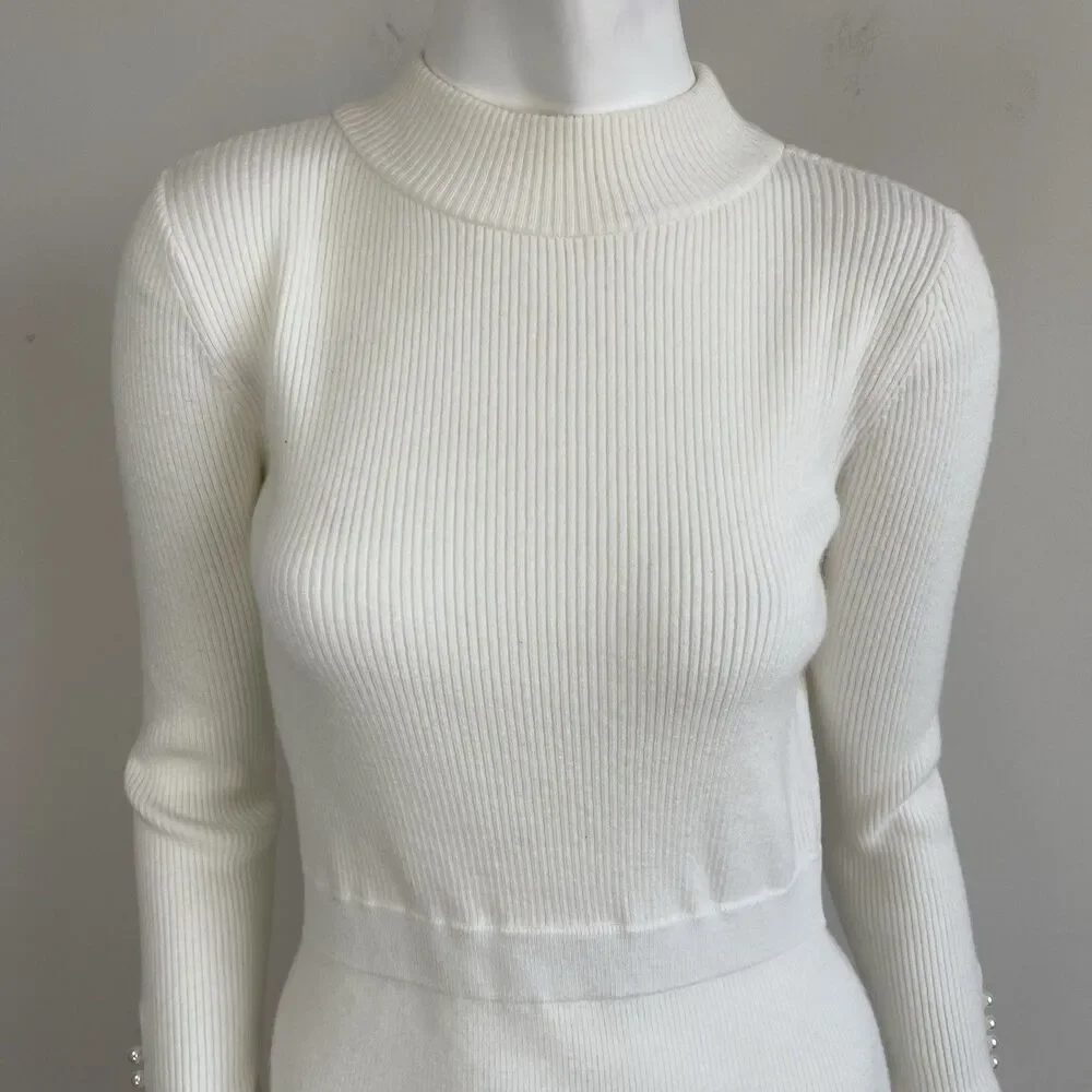 Ann Taylor Pearl Button Cuff Ribbed Mock Neck Long Sleeve Sweater Dress - Small - Picture 3 of 16
